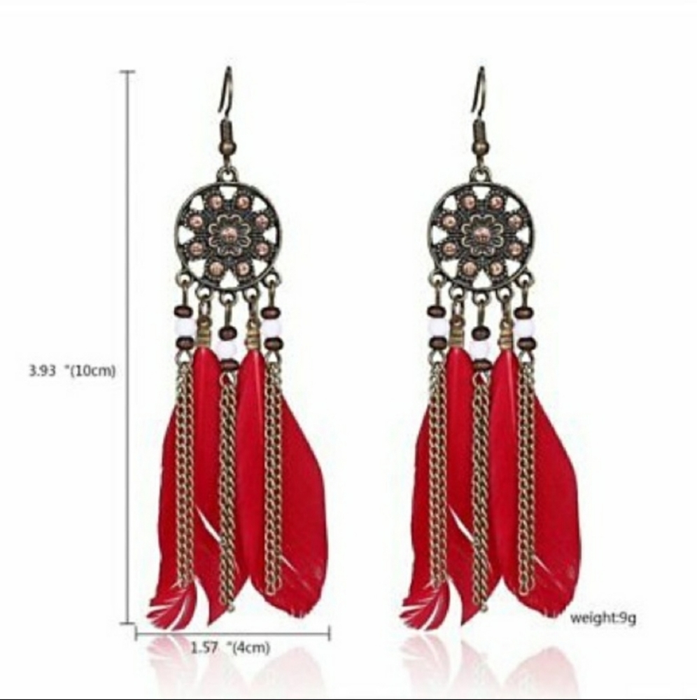 SOLD Floral medallion tassel feather earrings - Picture 2 of 3